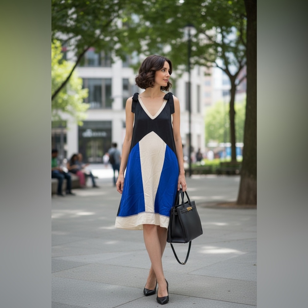 Elegant Colcci PM Black Cream and Blue Colorblock Dress Size Large